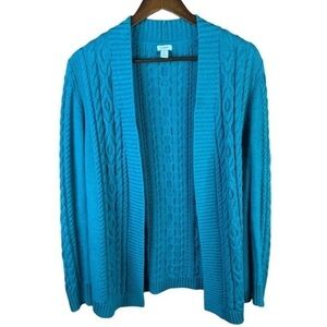 L.L. Bean Ladies Cable Knit Cardigan Long Sleeve Open Front Teal Sweater Medium